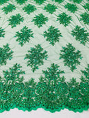 Floral Cluster Beads - Emerald Green - Embroidered Beaded Flower Design Fabric on Mesh