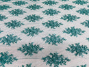 Floral Cluster Beads - Teal Blue - Embroidered Beaded Flower Design Fabric By Yard