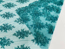 Floral Cluster Beads - Teal Blue - Embroidered Beaded Flower Design Fabric By Yard