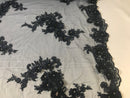 Floral - Navy - 3D Beaded Embroidery Fabric with Rhinestones - Beautiful Design by The Yard