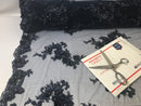 Floral - Navy - 3D Beaded Embroidery Fabric with Rhinestones - Beautiful Design by The Yard