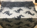 Floral - Navy - 3D Beaded Embroidery Fabric with Rhinestones - Beautiful Design by The Yard