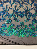 Damask Hearts Sequins - Iridescent Jade Green Blue - 4 Way Stretch Design Fancy Fabric On Mesh