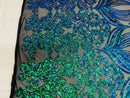 Damask Hearts Sequins - Iridescent Jade Green Blue - 4 Way Stretch Design Fancy Fabric On Mesh