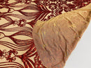 Damask Hearts Sequins - Dark Red - 4 Way Stretch Design Fancy Fabric On Mesh