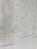 Damask Hearts Sequins - White - 4 Way Stretch Design Fancy Heart Shape Fabric On Mesh