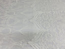 Damask Hearts Sequins - White - 4 Way Stretch Design Fancy Heart Shape Fabric On Mesh