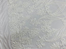 Damask Hearts Sequins - White - 4 Way Stretch Design Fancy Heart Shape Fabric On Mesh