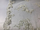 Floral - Off-White - 3D Beaded Embroidery Fabric with Rhinestones - Beautiful Design by The Yard