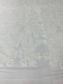 Damask Hearts Sequins - White - 4 Way Stretch Design Fancy Heart Shape Fabric On Mesh