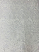 Damask Hearts Sequins - White - 4 Way Stretch Design Fancy Heart Shape Fabric On Mesh