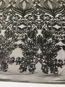 Damask Hearts Sequins - Black - 4 Way Stretch Design Fancy Heart Shape Fabric On Mesh