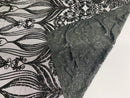 Damask Hearts Sequins - Black - 4 Way Stretch Design Fancy Heart Shape Fabric On Mesh