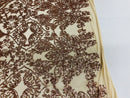 Damask Hearts Sequins - Rose Gold - 4 Way Stretch Design Fancy Heart Shape Fabric On Mesh