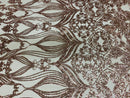 Damask Hearts Sequins - Rose Gold - 4 Way Stretch Design Fancy Heart Shape Fabric On Mesh