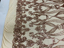 Damask Hearts Sequins - Rose Gold - 4 Way Stretch Design Fancy Heart Shape Fabric On Mesh