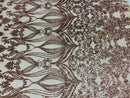 Damask Hearts Sequins - Rose Gold - 4 Way Stretch Design Fancy Heart Shape Fabric On Mesh