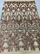 Damask Hearts Sequins - Rose Gold - 4 Way Stretch Design Fancy Heart Shape Fabric On Mesh