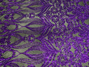 Damask Hearts Sequins - Purple on Black Mesh - 4 Way Stretch Design Fancy Fabric On Mesh