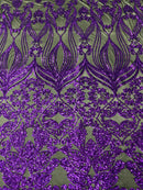 Damask Hearts Sequins - Purple on Black Mesh - 4 Way Stretch Design Fancy Fabric On Mesh