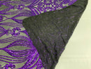 Damask Hearts Sequins - Purple on Black Mesh - 4 Way Stretch Design Fancy Fabric On Mesh