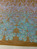 Damask Hearts Sequins - Iridescent Aqua - 4 Way Stretch Design Fancy Heart Shape Fabric On Mesh