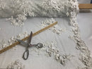 Floral - White - 3D Beaded Embroidery Fabric with Rhinestones - Beautiful Design by The Yard