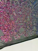 Damask Hearts Sequins - Iridescent Rainbow - 4 Way Stretch Design Fancy Heart Shape Fabric On Mesh