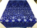 Fabric 4 Way Stretch By The Yard - Royal Sequins - Embroidered Mesh Design Fabric By The Yard