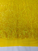 Damask Decor Sequins - Iridescent Yellow - 4 Way Stretch Design High Quality Fabric On Mesh