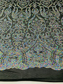 Damask Decor Sequins - Iridescent Silver on Black Mesh - 4 Way Stretch Design High Quality Fabric