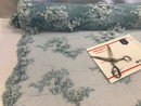 Floral - Baby Blue - 3D Beaded Embroidery Fabric with Rhinestones - Beautiful Design by The Yard