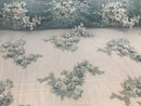 Floral - Baby Blue - 3D Beaded Embroidery Fabric with Rhinestones - Beautiful Design by The Yard