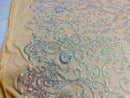 Damask Decor Sequins - Iridescent Clear Pink - 4 Way Stretch Design High Quality Fabric On Mesh