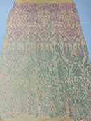 Damask Decor Sequins - Iridescent Clear Pink - 4 Way Stretch Design High Quality Fabric On Mesh