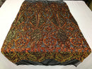 Orange Iridescent Sequin, 4 Way Stretch Damask Design Fabric On Stretch Mesh By The Yard