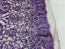Damask Decor Sequins - Holographic Purple - 4 Way Stretch Design High Quality Fabric On Mesh