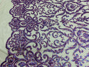 Damask Decor Sequins - Holographic Purple - 4 Way Stretch Design High Quality Fabric On Mesh