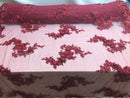 Floral - Burgundy - 3D Beaded Embroidery Fabric with Rhinestones - Beautiful Design by The Yard