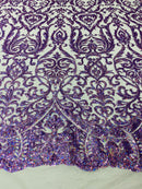 Damask Decor Sequins - Holographic Purple - 4 Way Stretch Design High Quality Fabric On Mesh