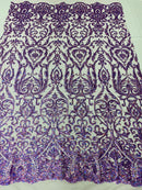 Damask Decor Sequins - Holographic Purple - 4 Way Stretch Design High Quality Fabric On Mesh