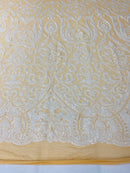 Damask Decor Sequins - White on Nude Mesh - 4 Way Stretch Design High Quality Fabric On Mesh