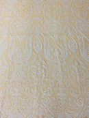 Damask Decor Sequins - White on Nude Mesh - 4 Way Stretch Design High Quality Fabric On Mesh