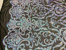 Damask Decor Sequins - Sky Blue on Black Mesh - 4 Way Stretch Design High Quality Fabric