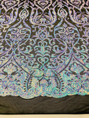 Damask Decor Sequins - Sky Blue on Black Mesh - 4 Way Stretch Design High Quality Fabric