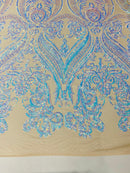 Big Damask Sequins Fabric - Iridescent Aqua - 4 Way Stretch Damask Sequins Design Fabric By Yard