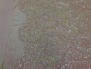 Iridescent Pink Sequin, 4 Way Stretch Damask Design Fabric On Stretch Mesh By The Yard