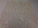 Iridescent Pink Sequin, 4 Way Stretch Damask Design Fabric On Stretch Mesh By The Yard