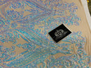 Big Damask Sequins Fabric - Iridescent Aqua - 4 Way Stretch Damask Sequins Design Fabric By Yard