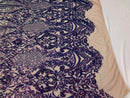 Iridescent Lavender Sequin, 4 Way Stretch Damask Design Fabric On Nude Stretch Mesh By The Yard